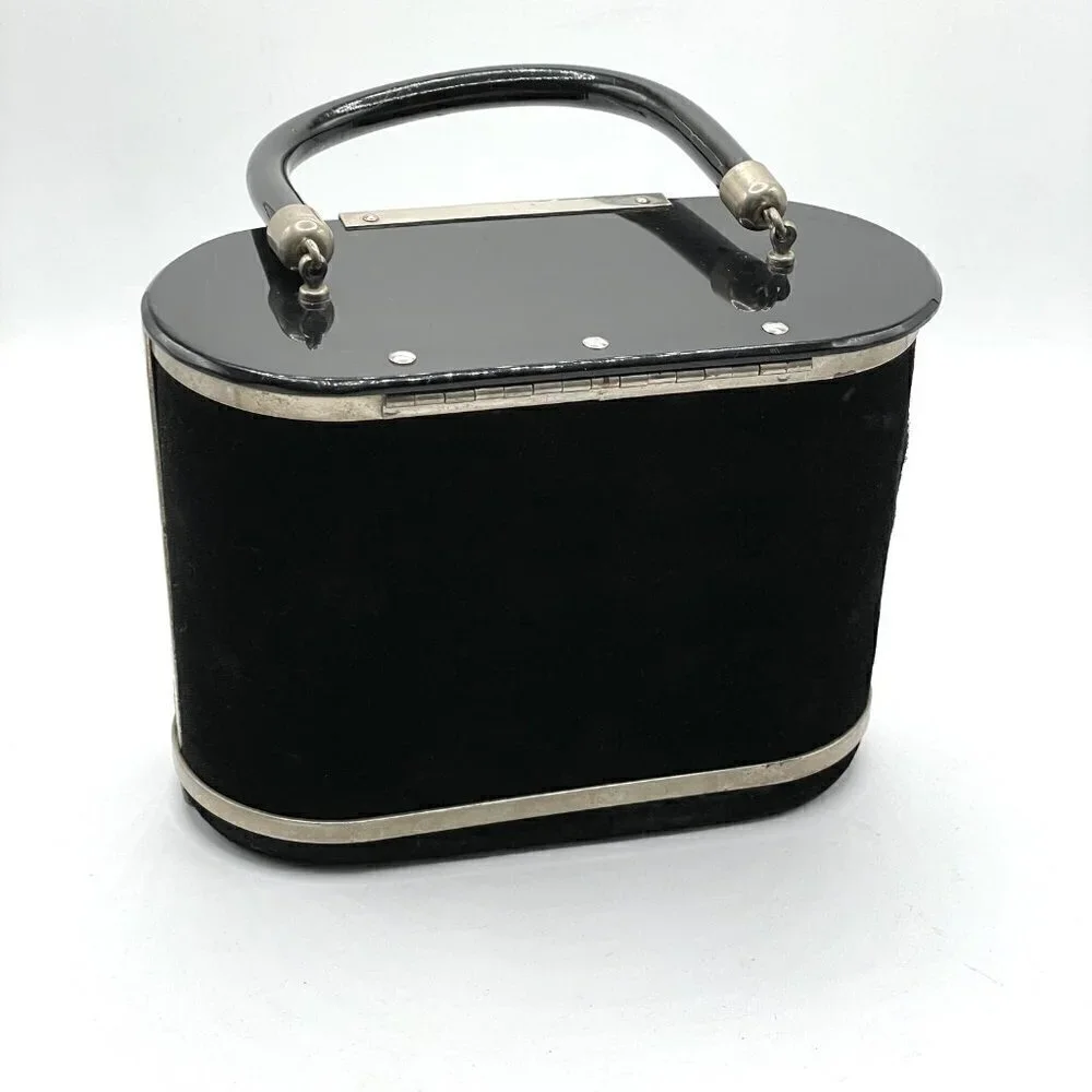 Vintage Black Velvet Hard Sided Box Oval Single Handle Hinged Evening Mini Bag - Picture 2 of 8